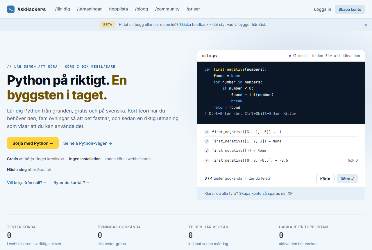 Screenshot of the AskHackers Python learning website