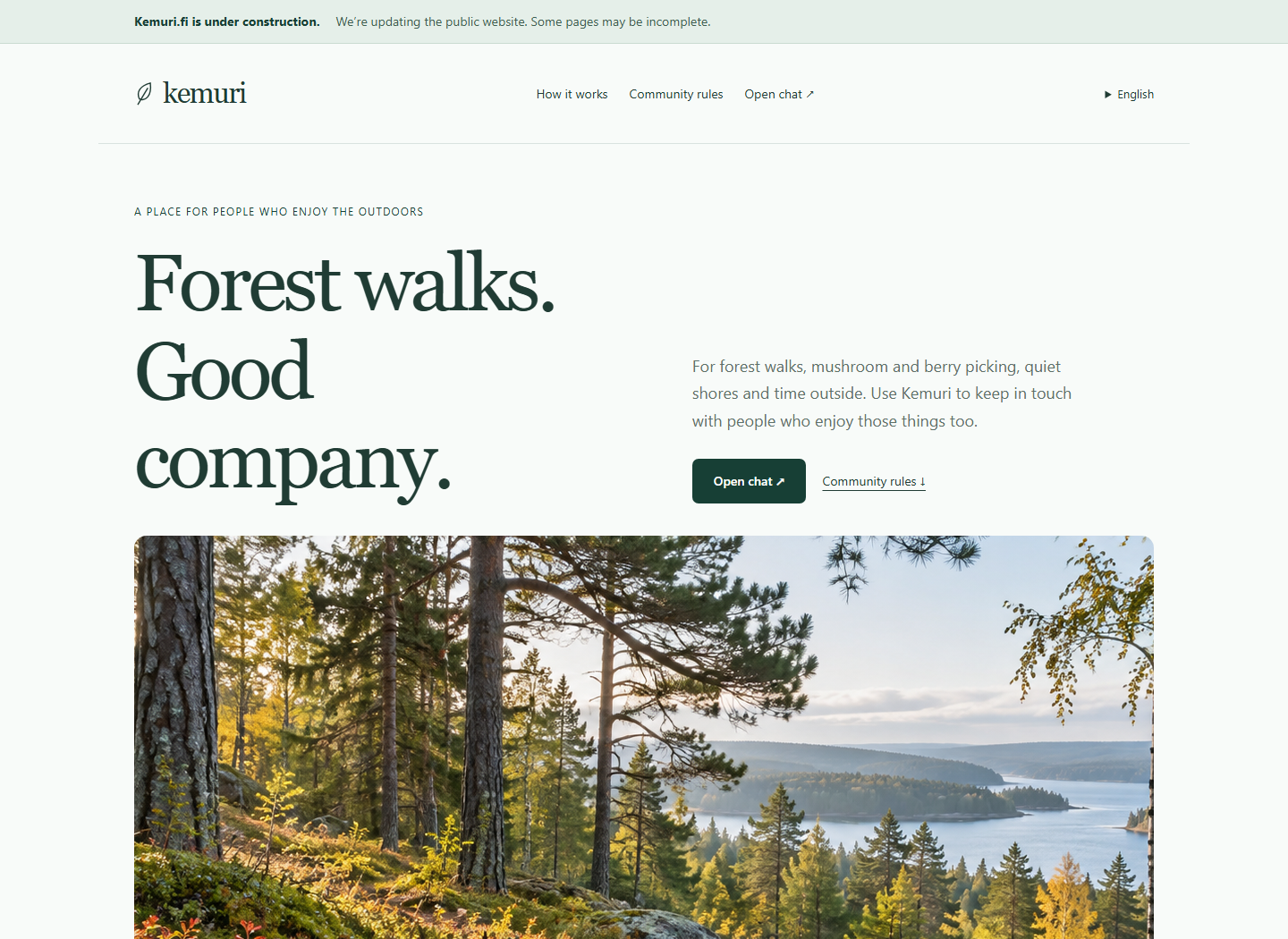 Live screenshot of Kemuri’s forest homepage